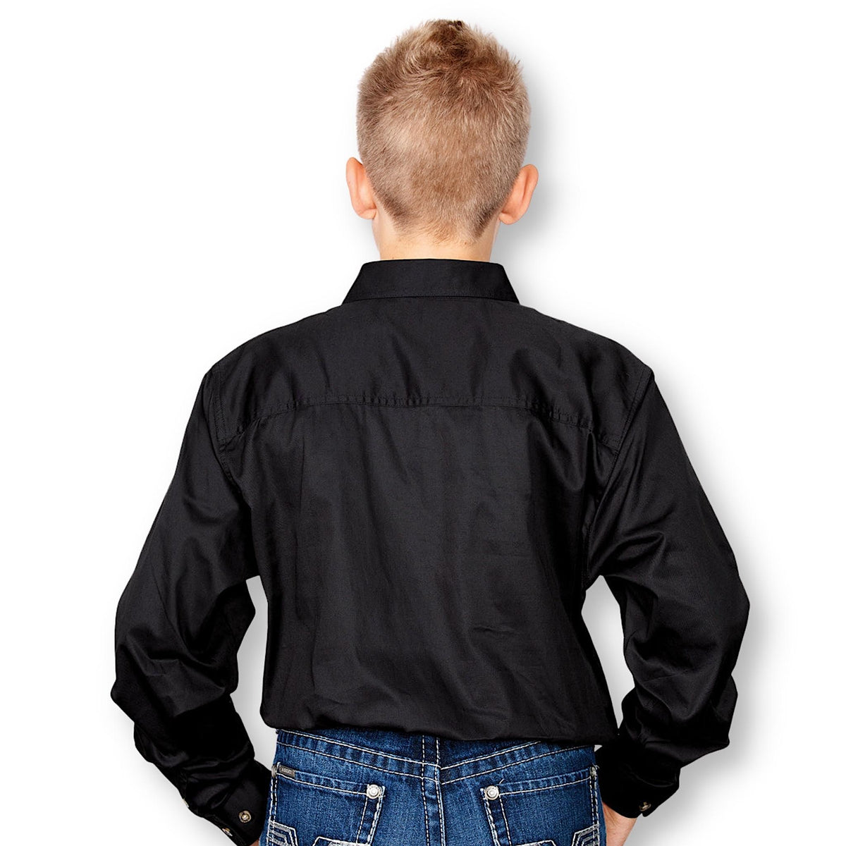 Back of boy wearing a black long sleeve shirt with a collar.