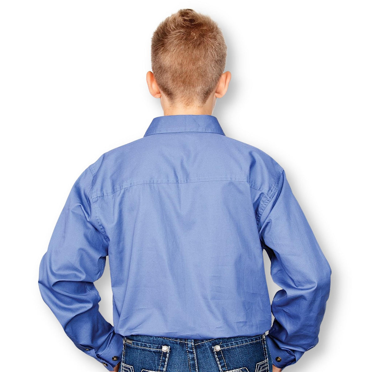 Back of boy wearing a light blue shirt with a collar.