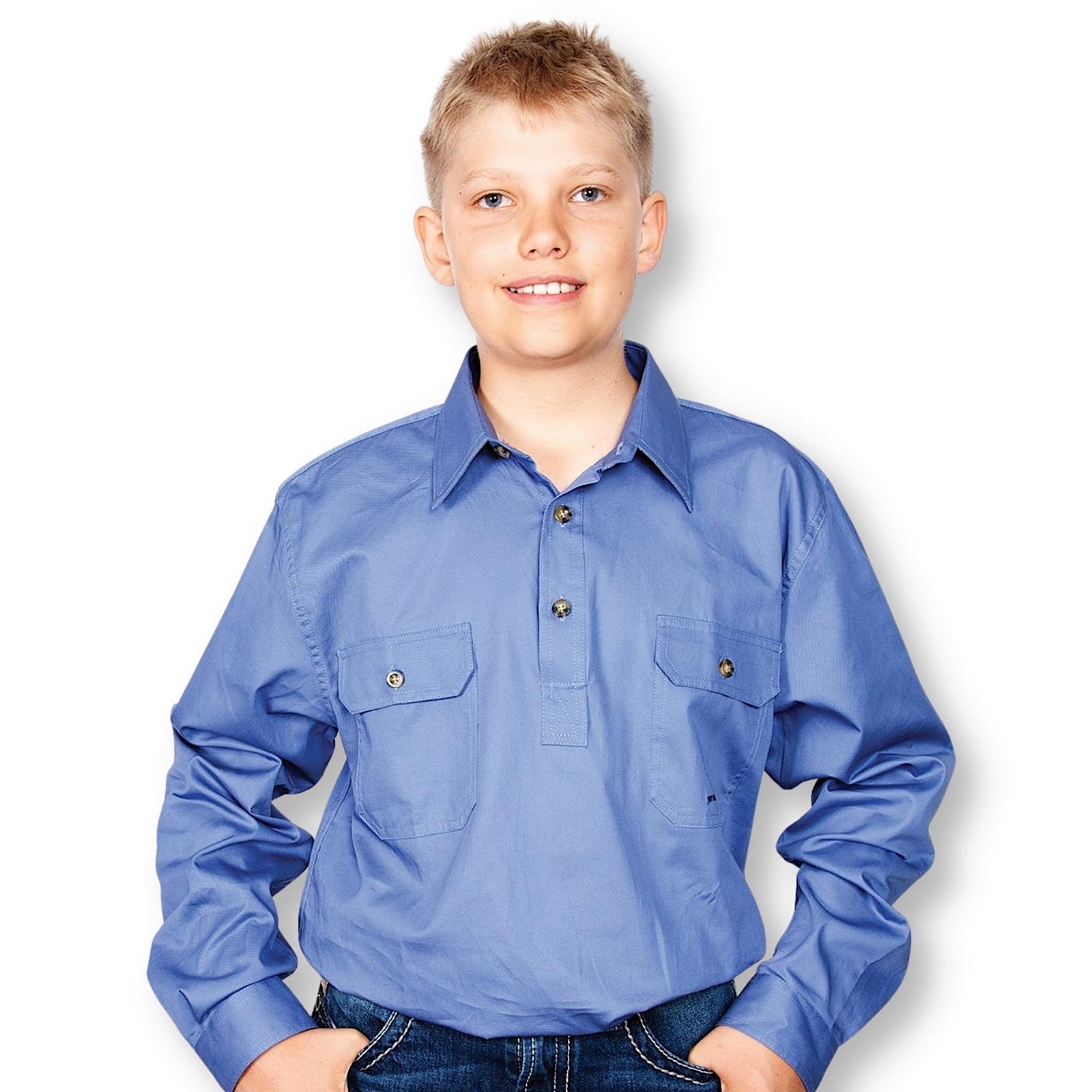 Boy wearing light blue shirt with collar, buttons at top and pockets.