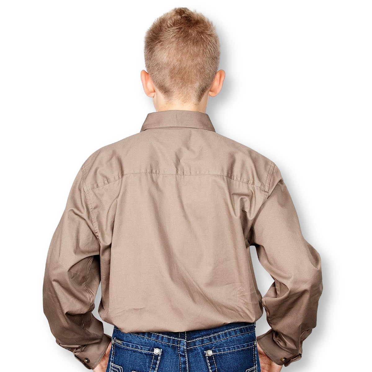 Back of boy wearing a brown long sleeve shirt with a collar.