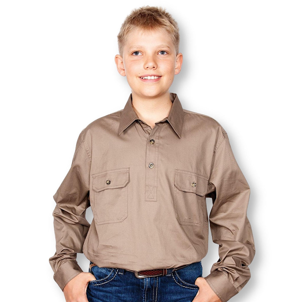 Boy wearing brown shirt with collar, buttons at top and pockets.