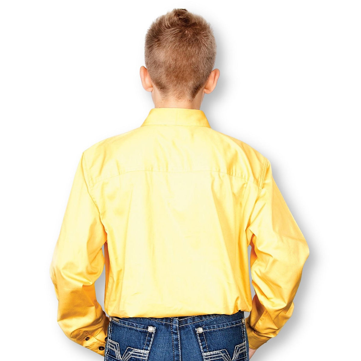 Back of boy wearing a yellow long sleeve shirt with a collar.