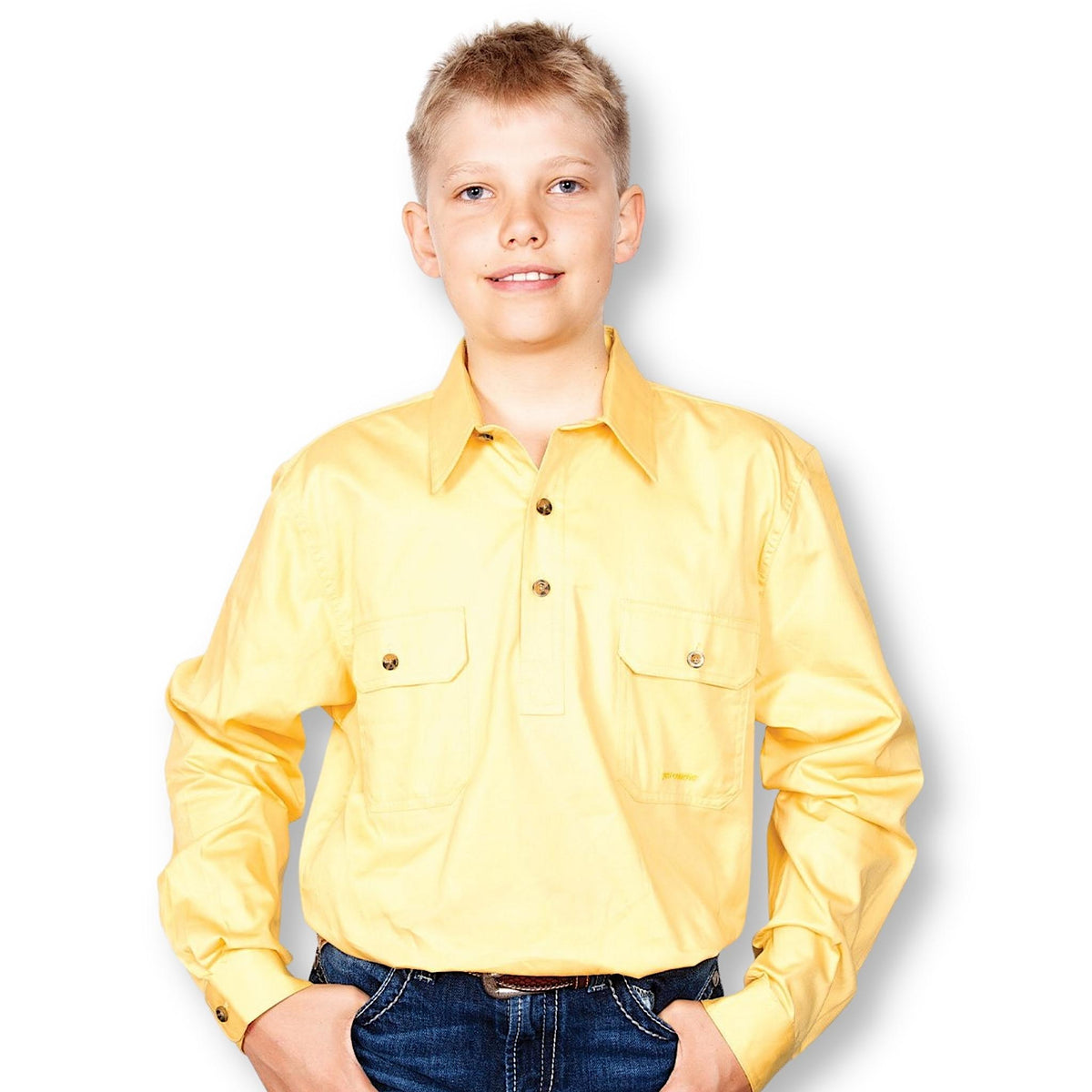Boy wearing yellow shirt with collar, buttons at top and pockets.