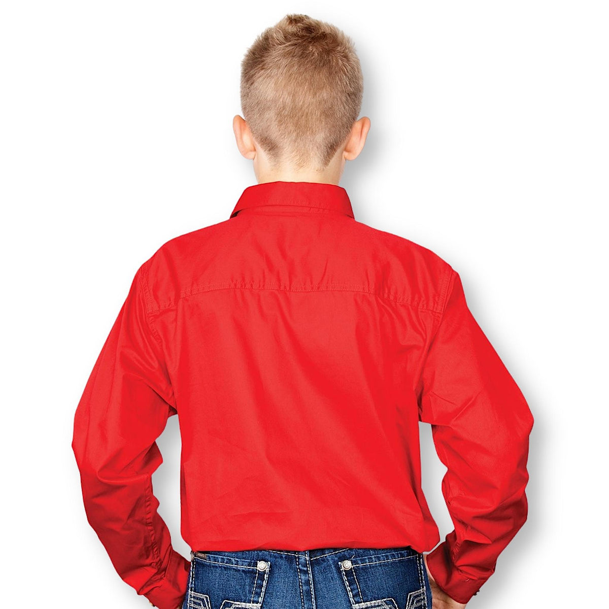 Back of boy wearing a red long sleeve shirt with a collar.
