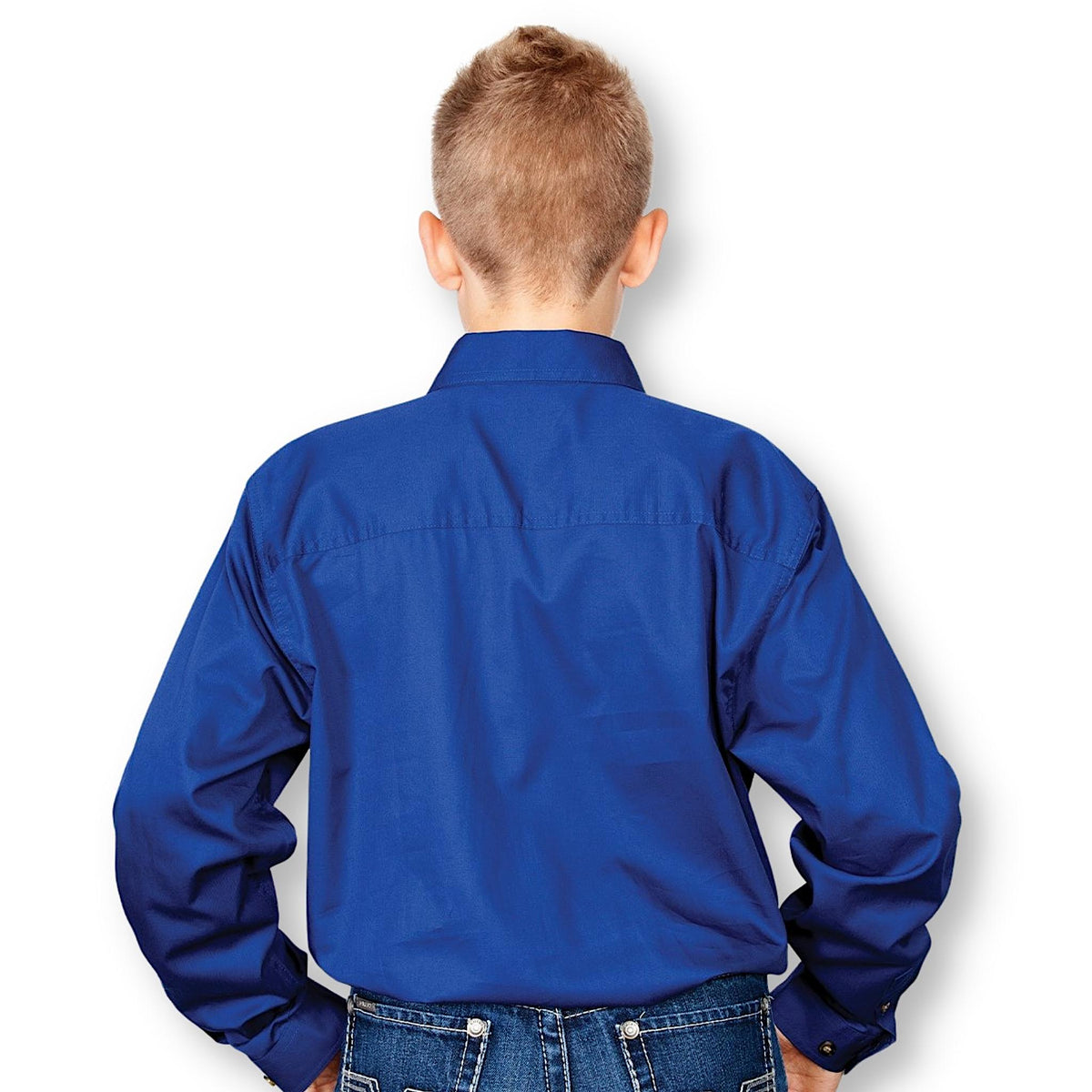 Back of boy wearing a blue long sleeve shirt with a collar.