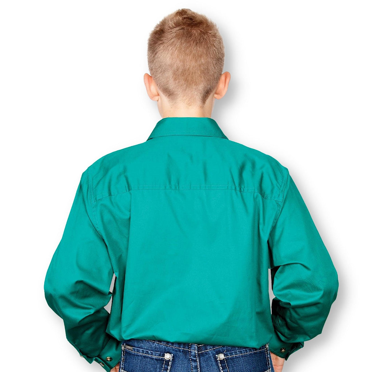 Back of boy wearing a green long sleeve shirt with a collar.