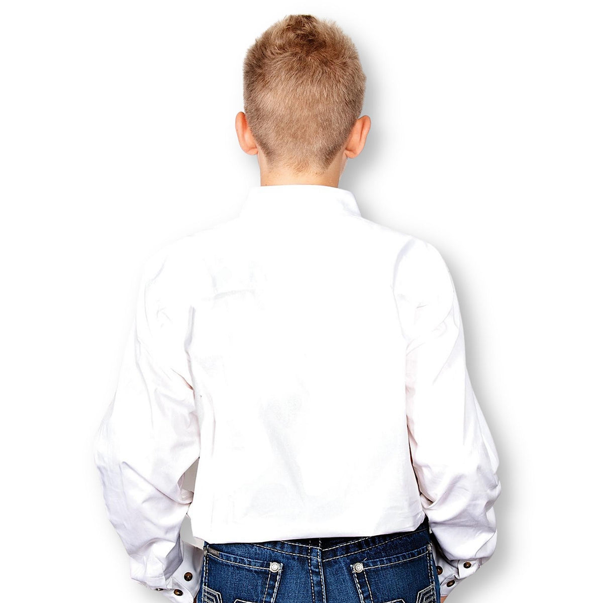 Back of boy wearing a white long sleeve shirt with a collar.