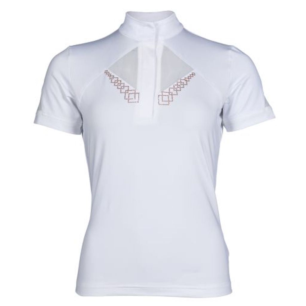 lady wearing navy show shirt with white trim and rose gold diamonds