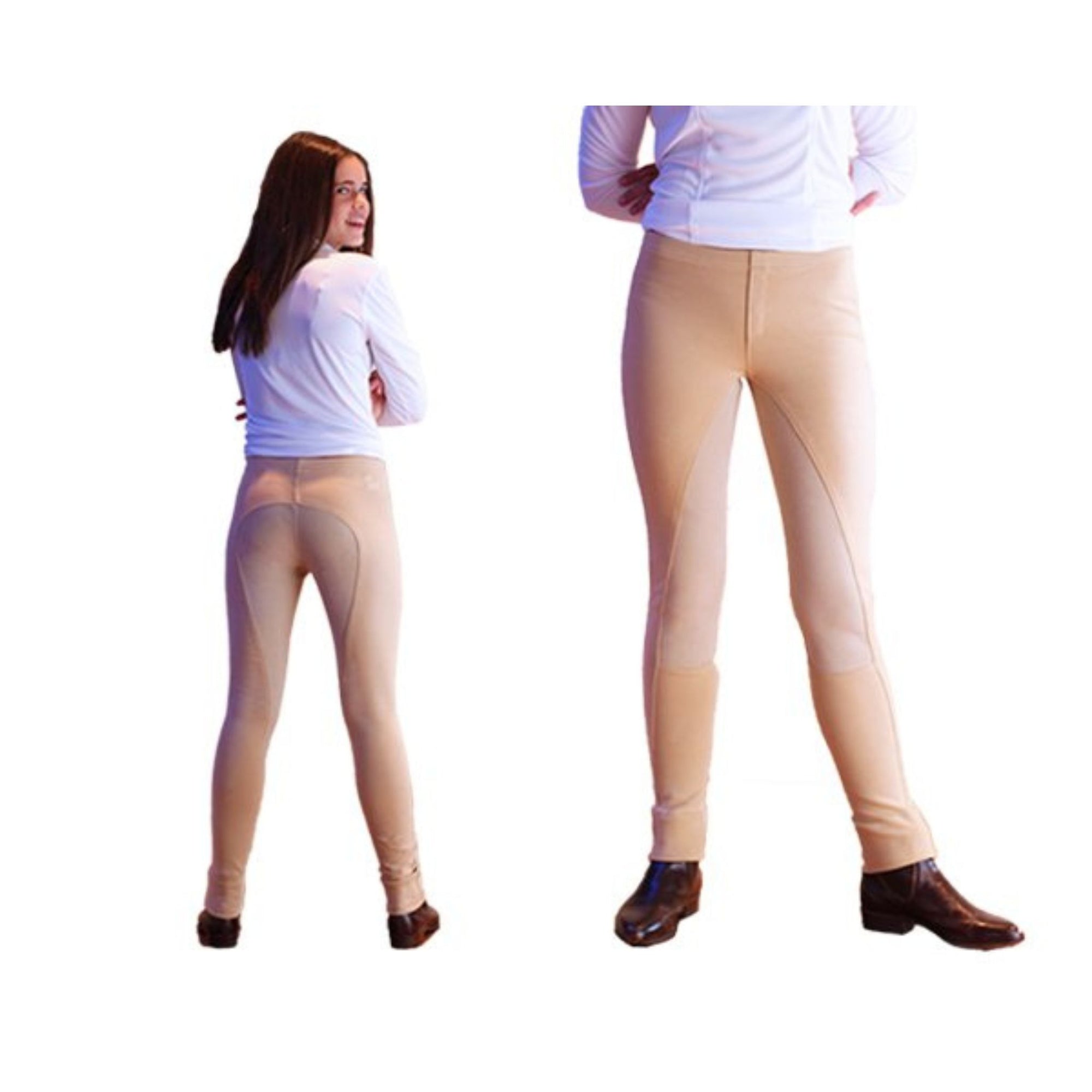 Front and back views of girl wearing beige jodhpurs with suede seat.