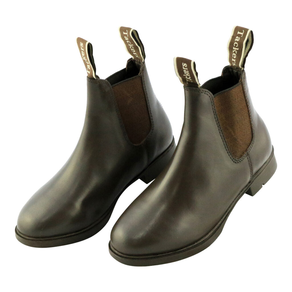 Brown leather boots with front and back tabs, on white background.