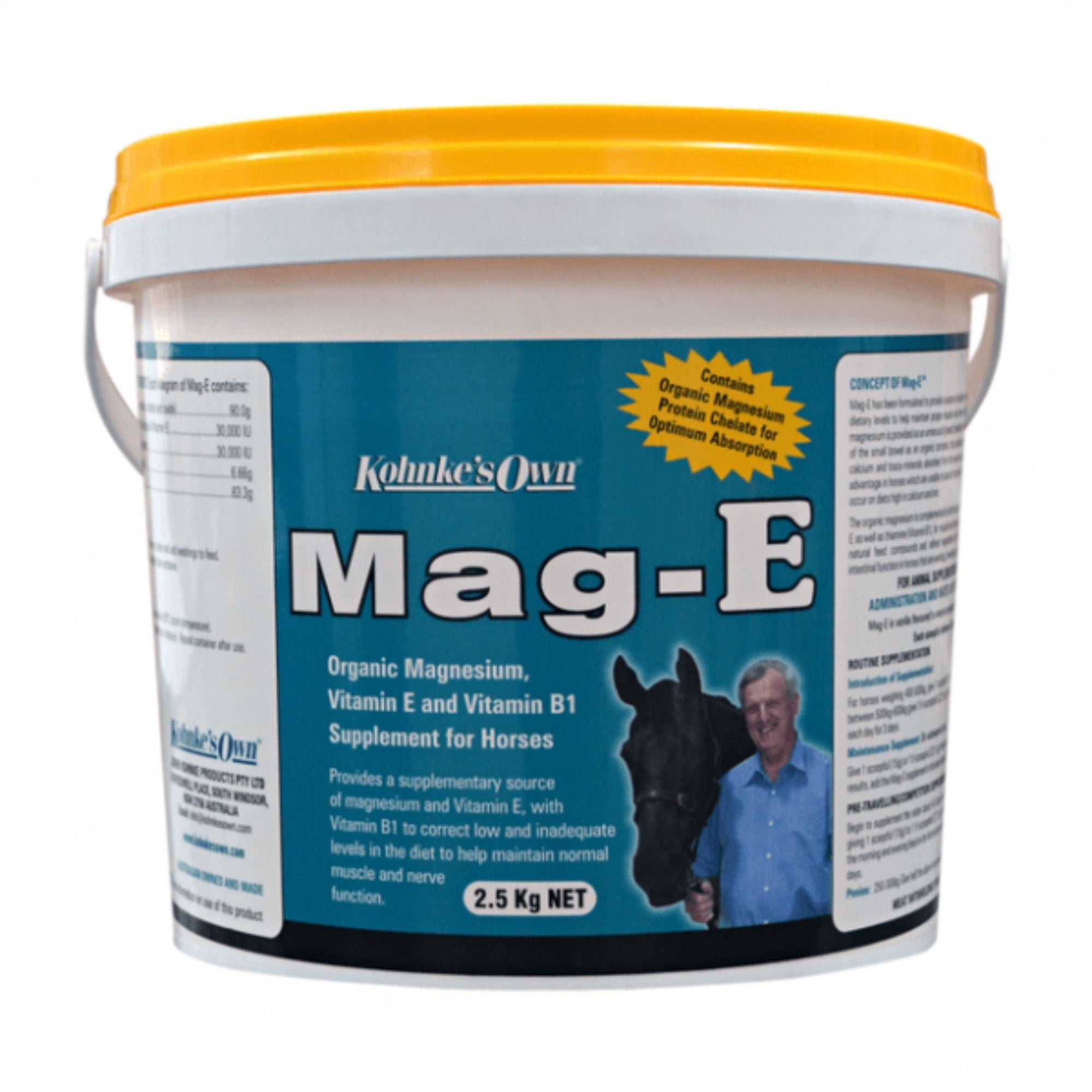 White bucket of Mag-E with yellow lid, handle, and blue label.