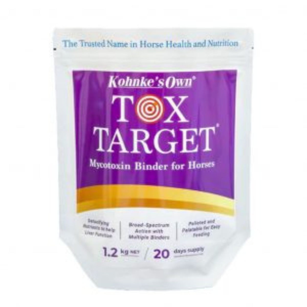 White bag with a large purple label and the title TOX TARGET in white