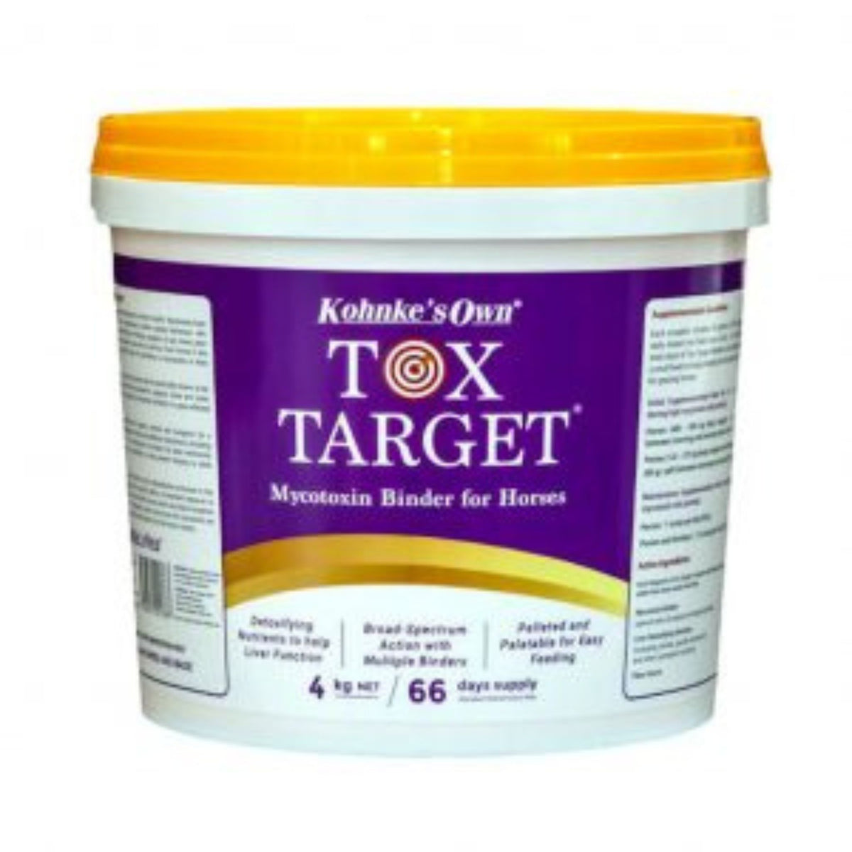 White bucket with yellow lid and a purple label on the bucket with the title TOX TARGET