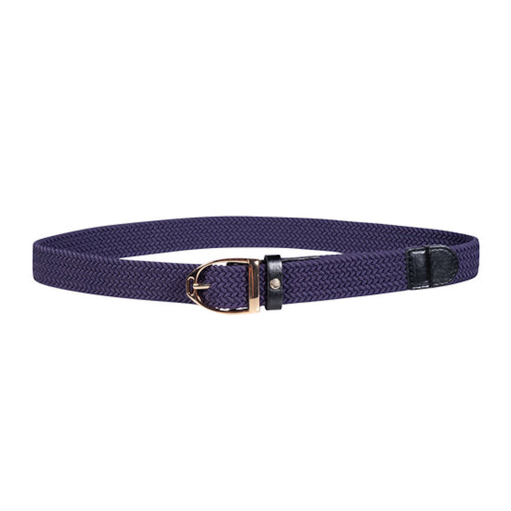 Dark purple belt with a rose gold stirrup buckle and black trim