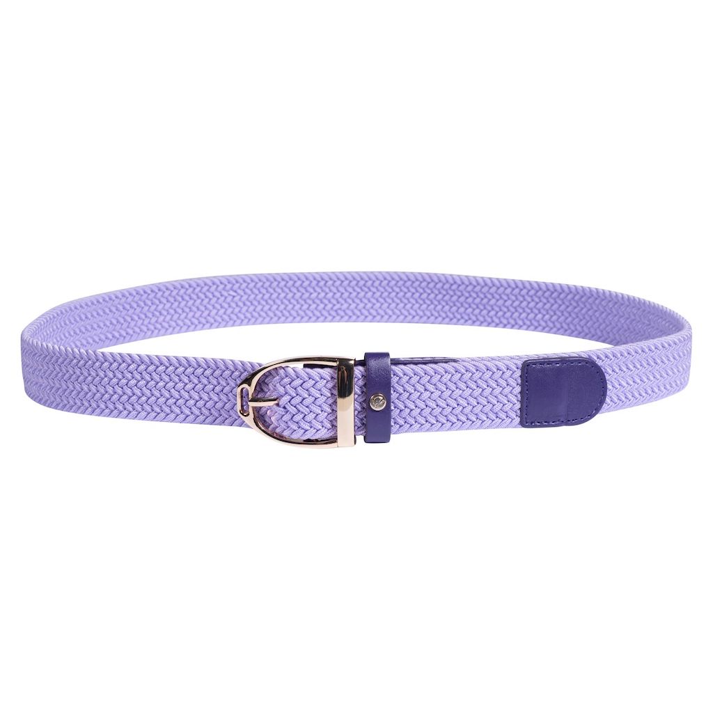 Dark purple belt with a rose gold stirrup buckle and black trim