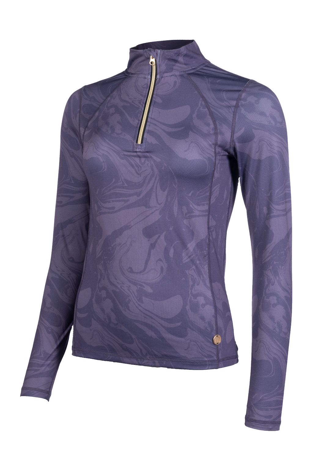 long sleeve purple top with marble pattern and gold zip