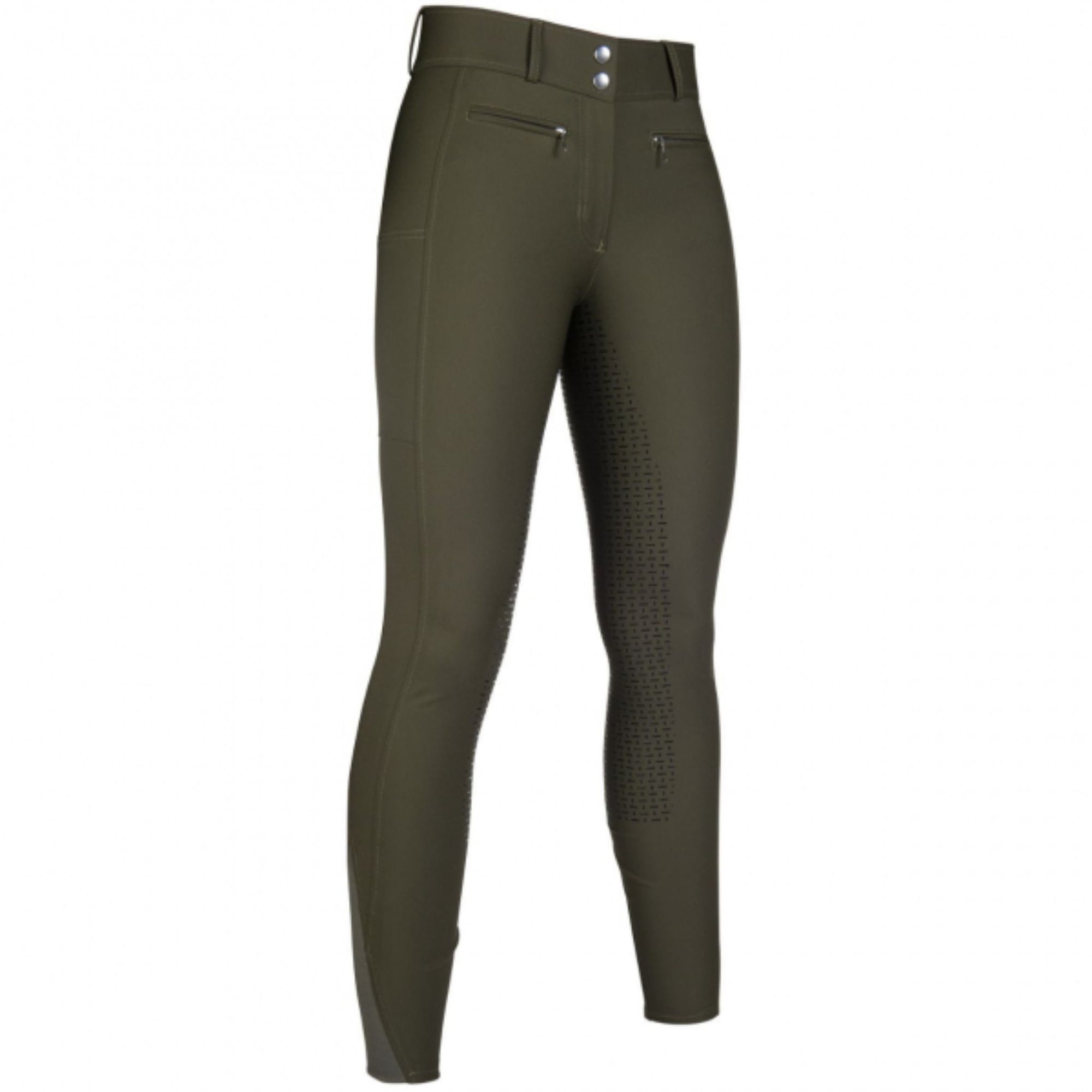 Dark green breeches with metal double buttons and grip seat.
