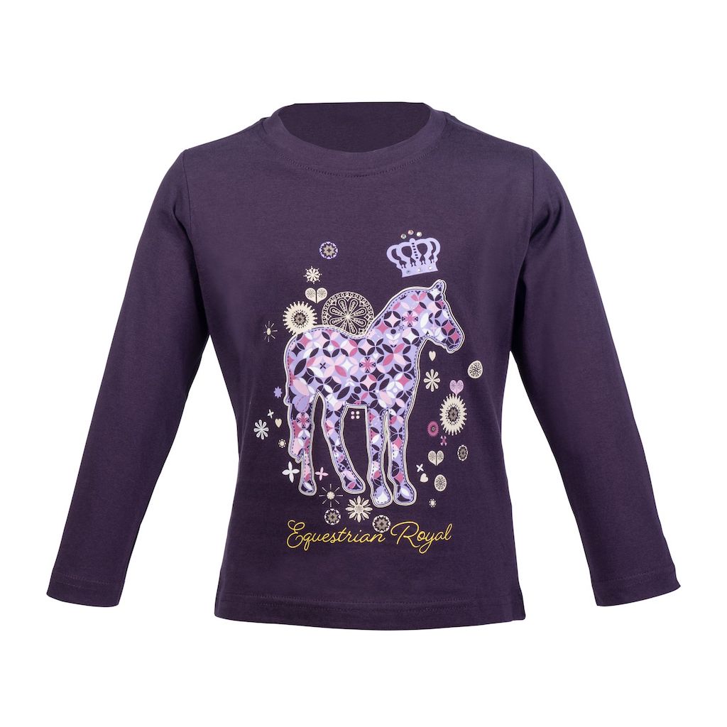 Beautiful dark purple long sleeve top with a cute patterned horse and gold writing that reads equestrian royal