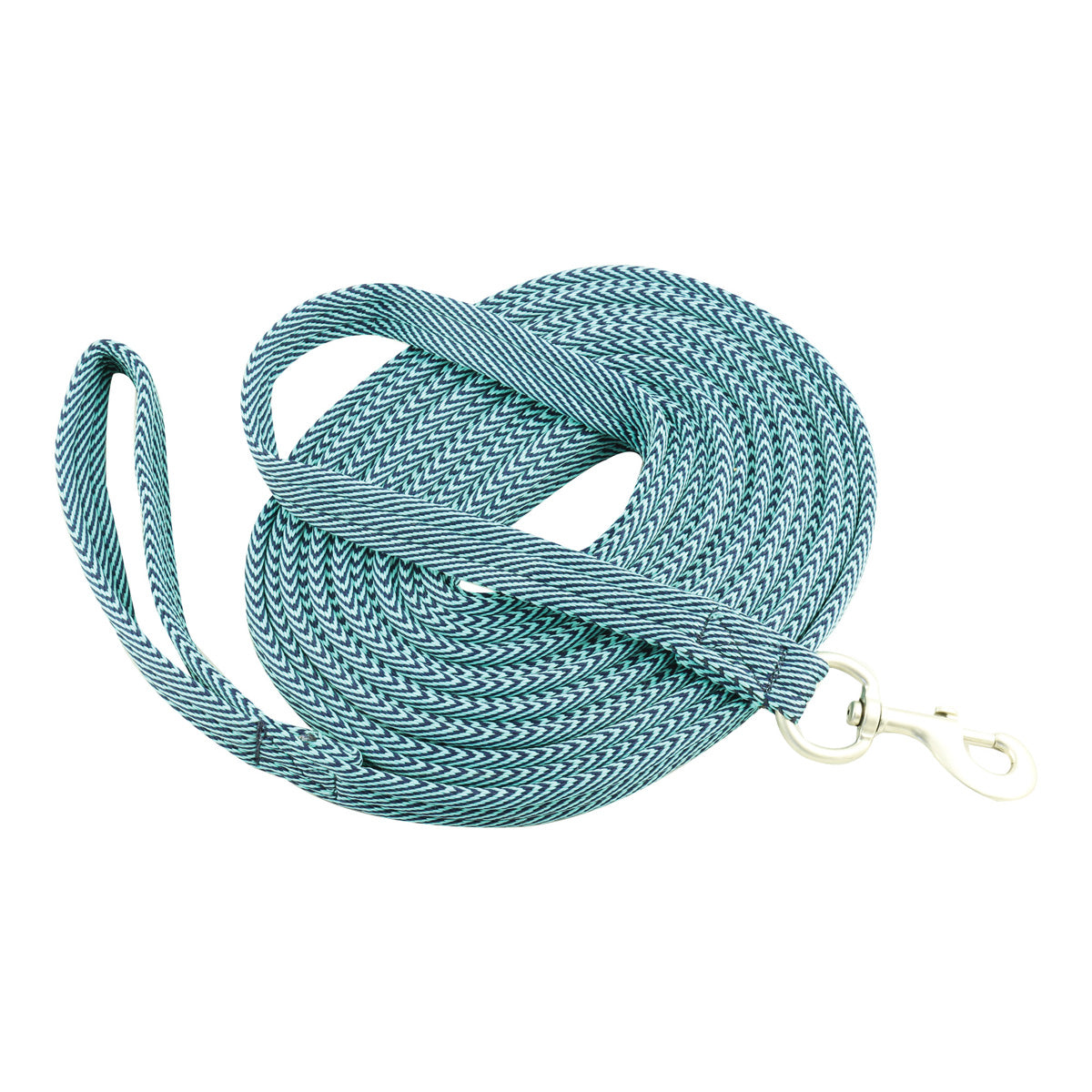 Aqua and navy lunge line with silver clip and loop at end.