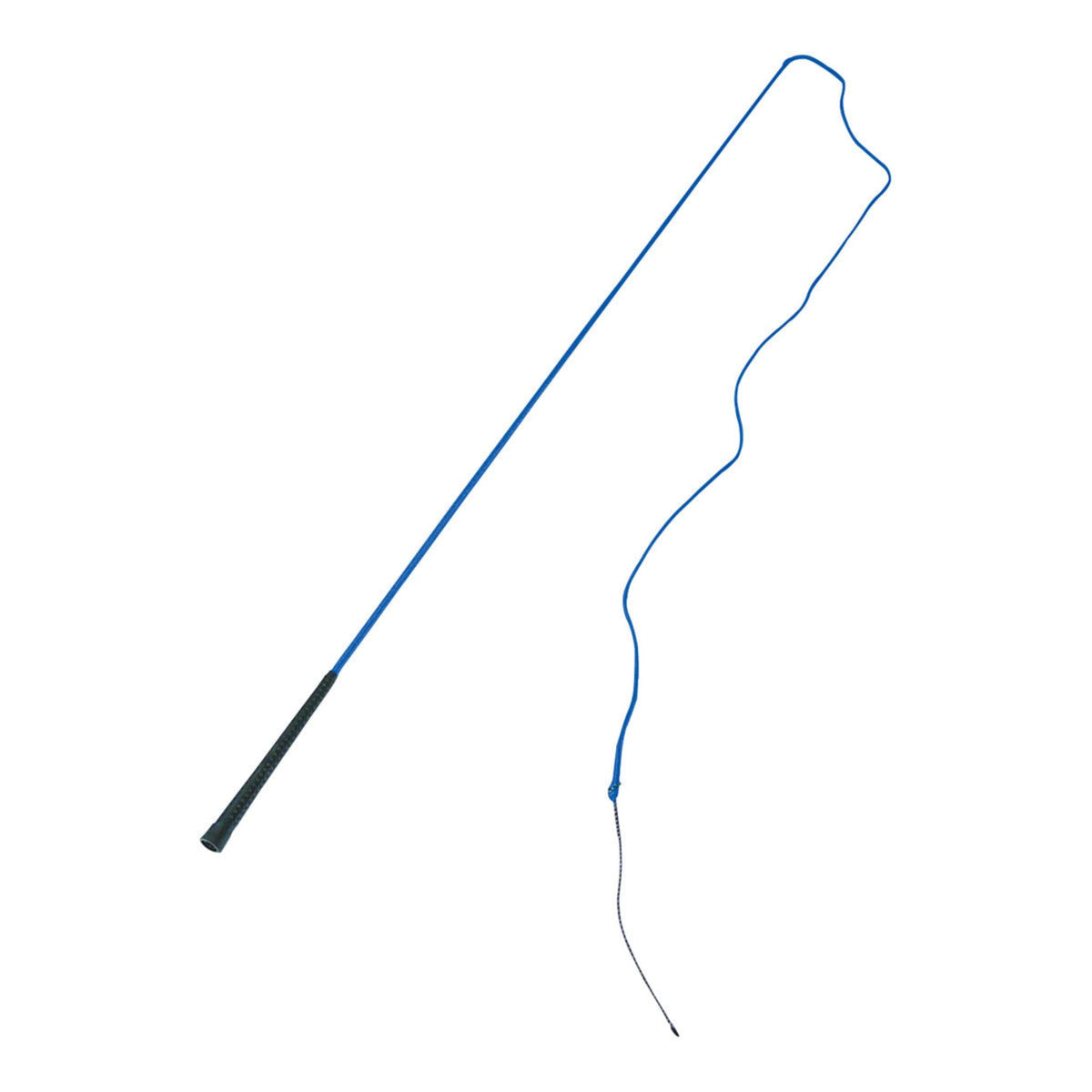 Blue lunge whip with black rubber handle and black thin end.