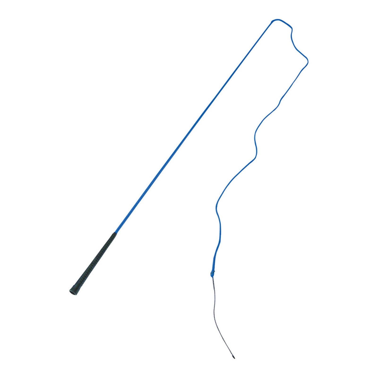 Blue lunge whip with black rubber handle and black thin end.
