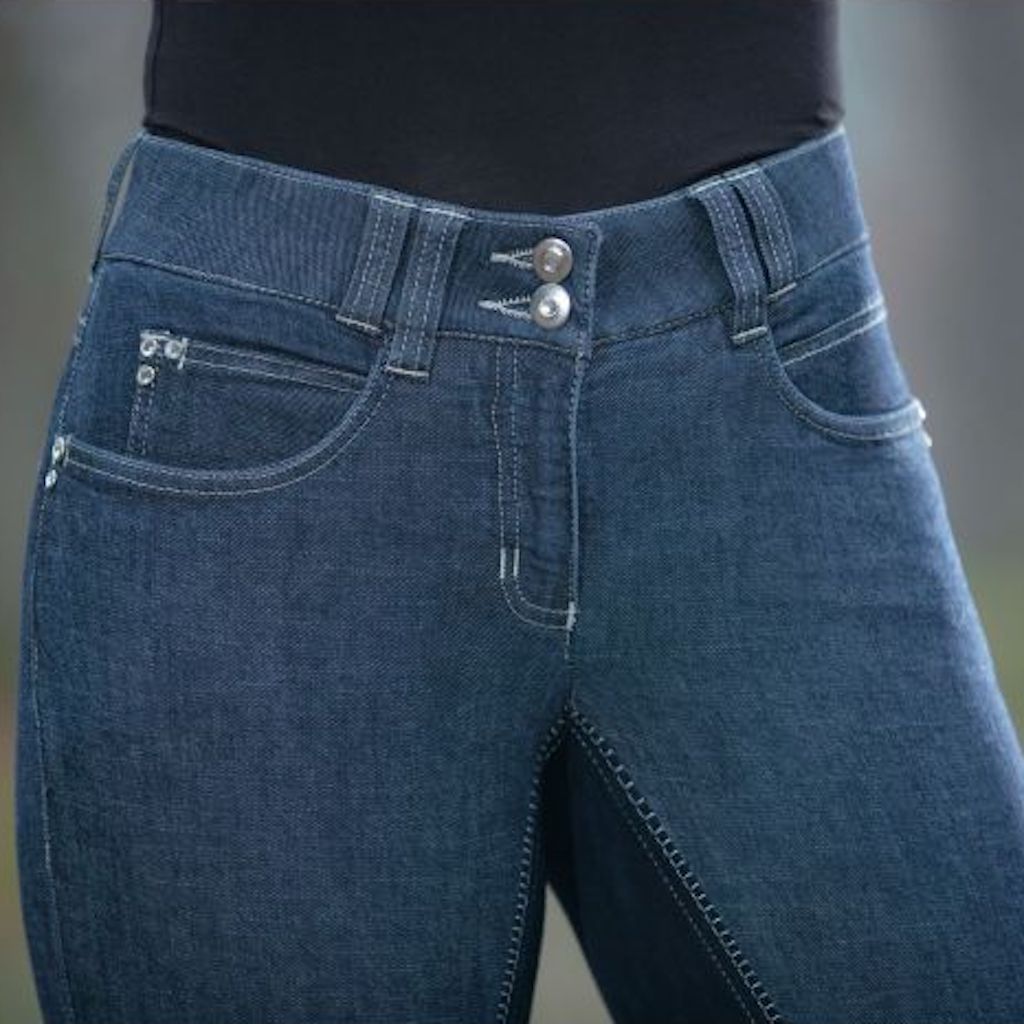 Riding jeans with high weights and double buttons on fly.