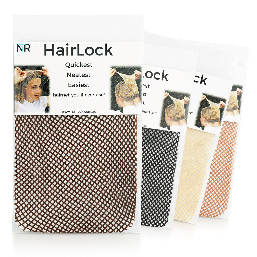 Hair nets in the colours dark brown, light brown, blonde and black.