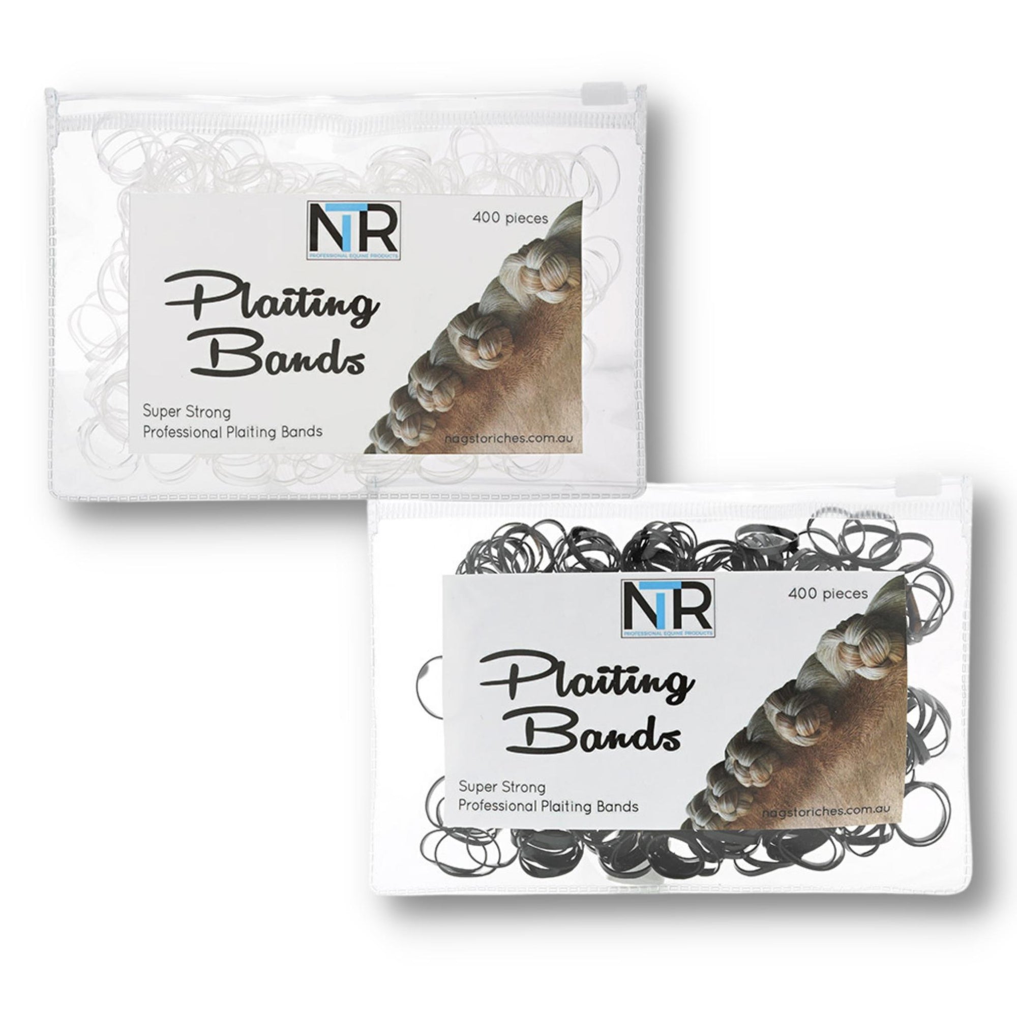 Black and clear plaiting bands in clear bags.