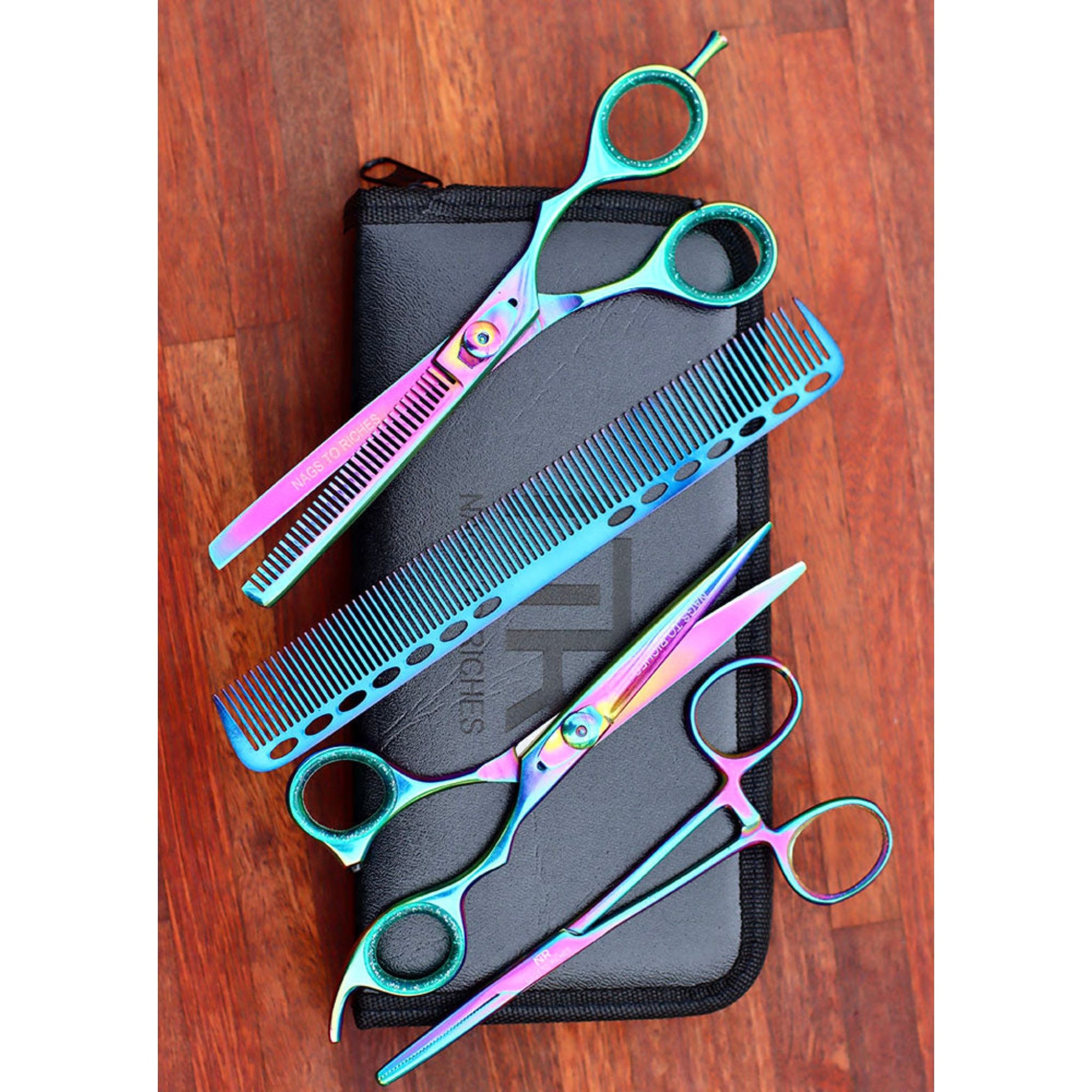 Four holographic equine mane styling tools laid out on black case.