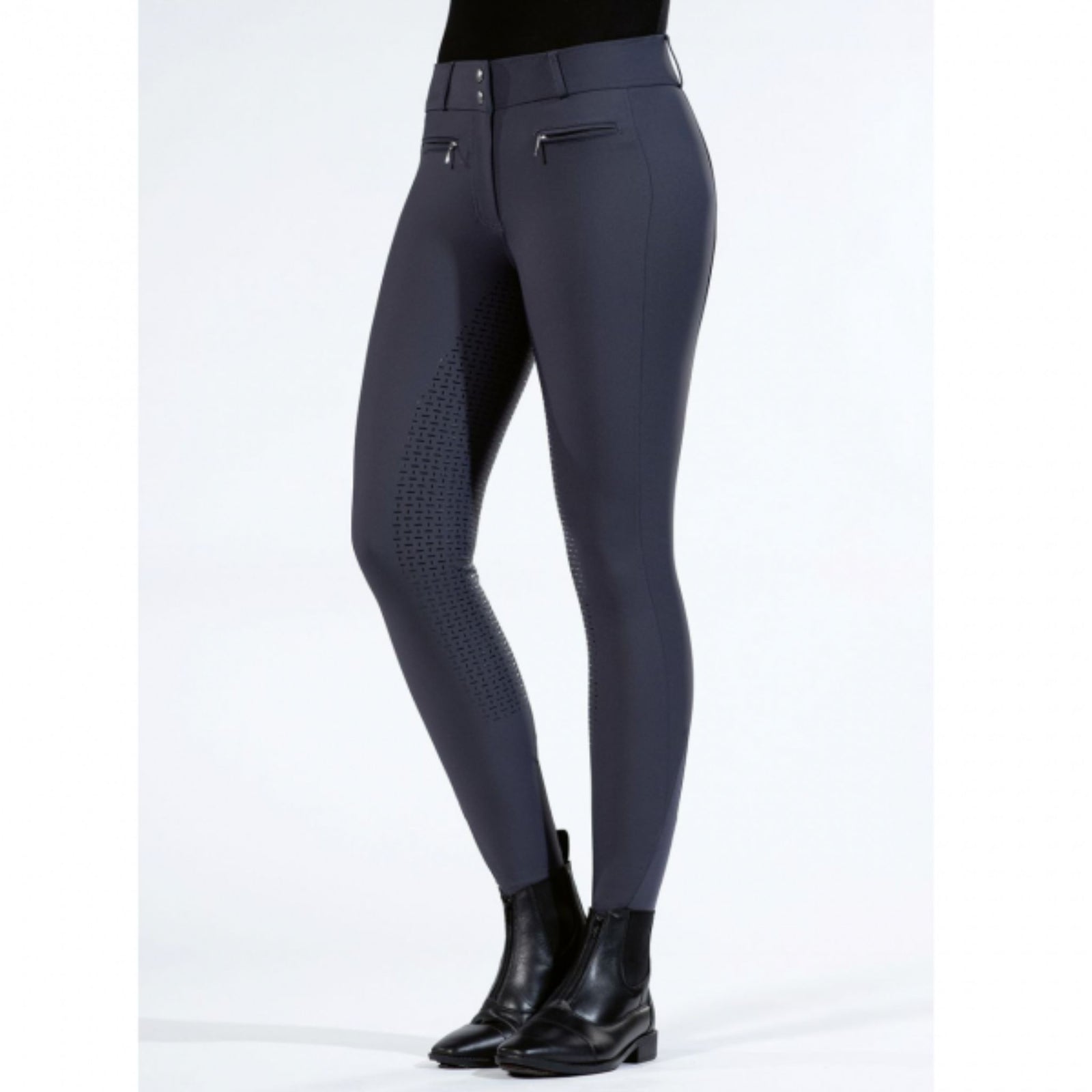 Navy breeches with zip pockets and grippy legs and seat.