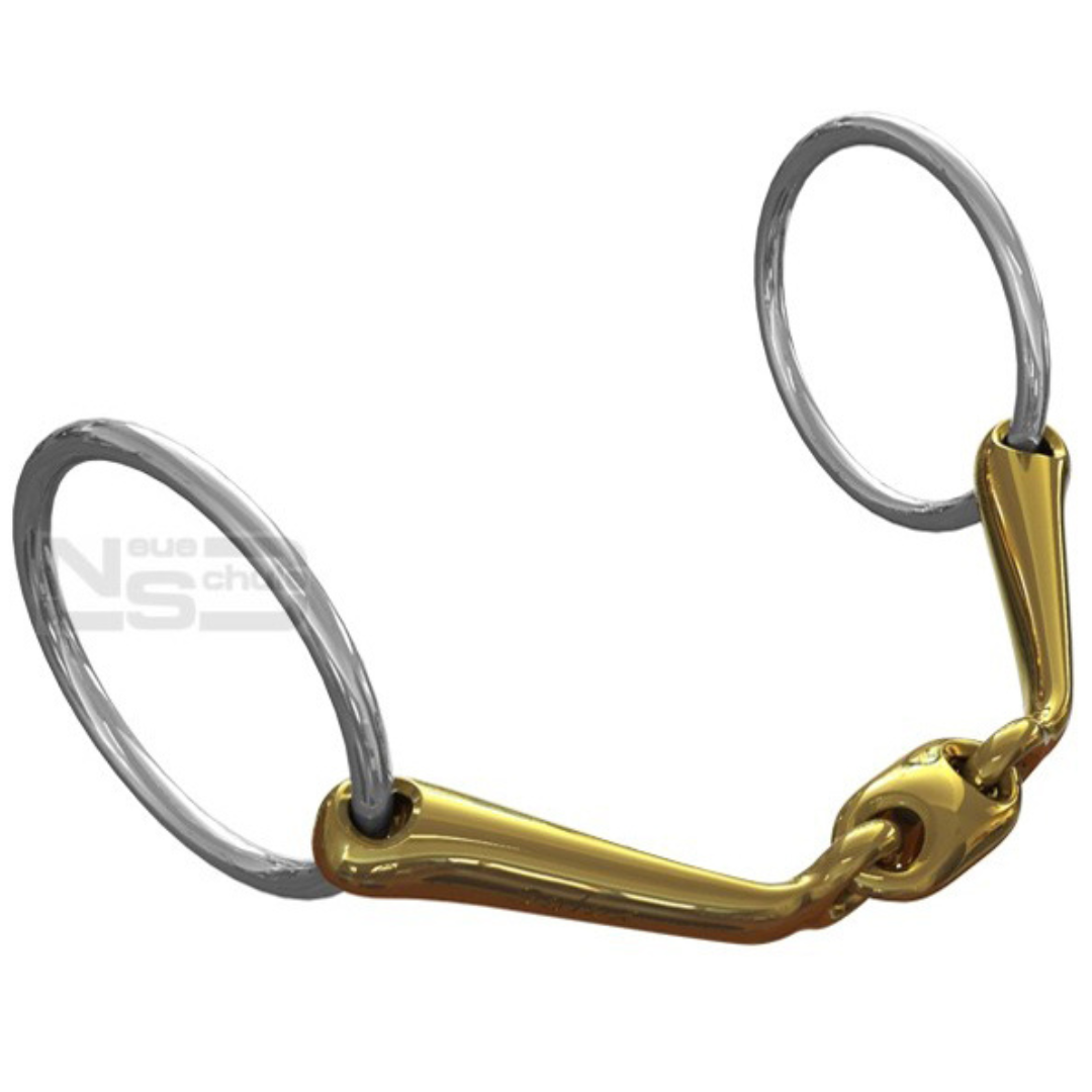 Gold horse bit with double joint and angled pieces, silver loose rings.