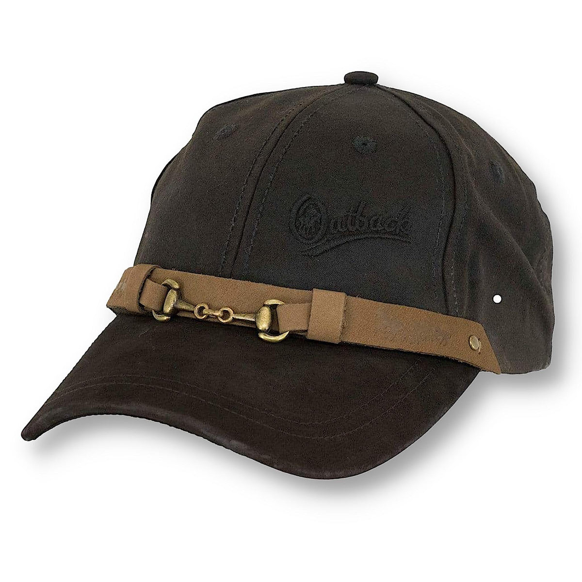 The brown oilskin equestrian cap.