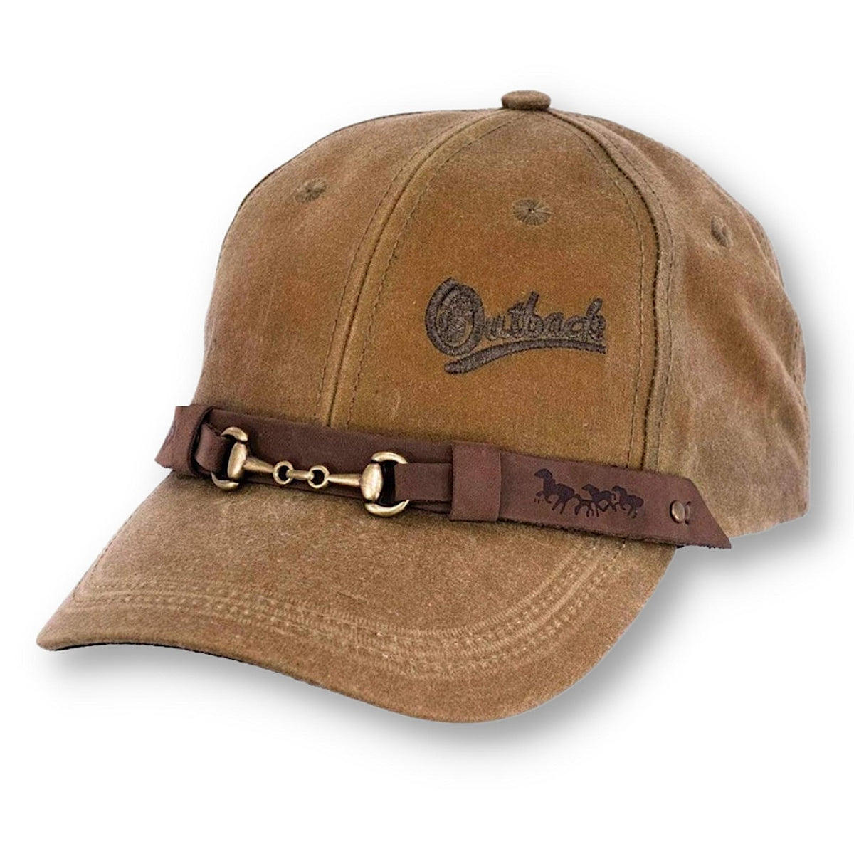 The tan oilskin equestrian cap.