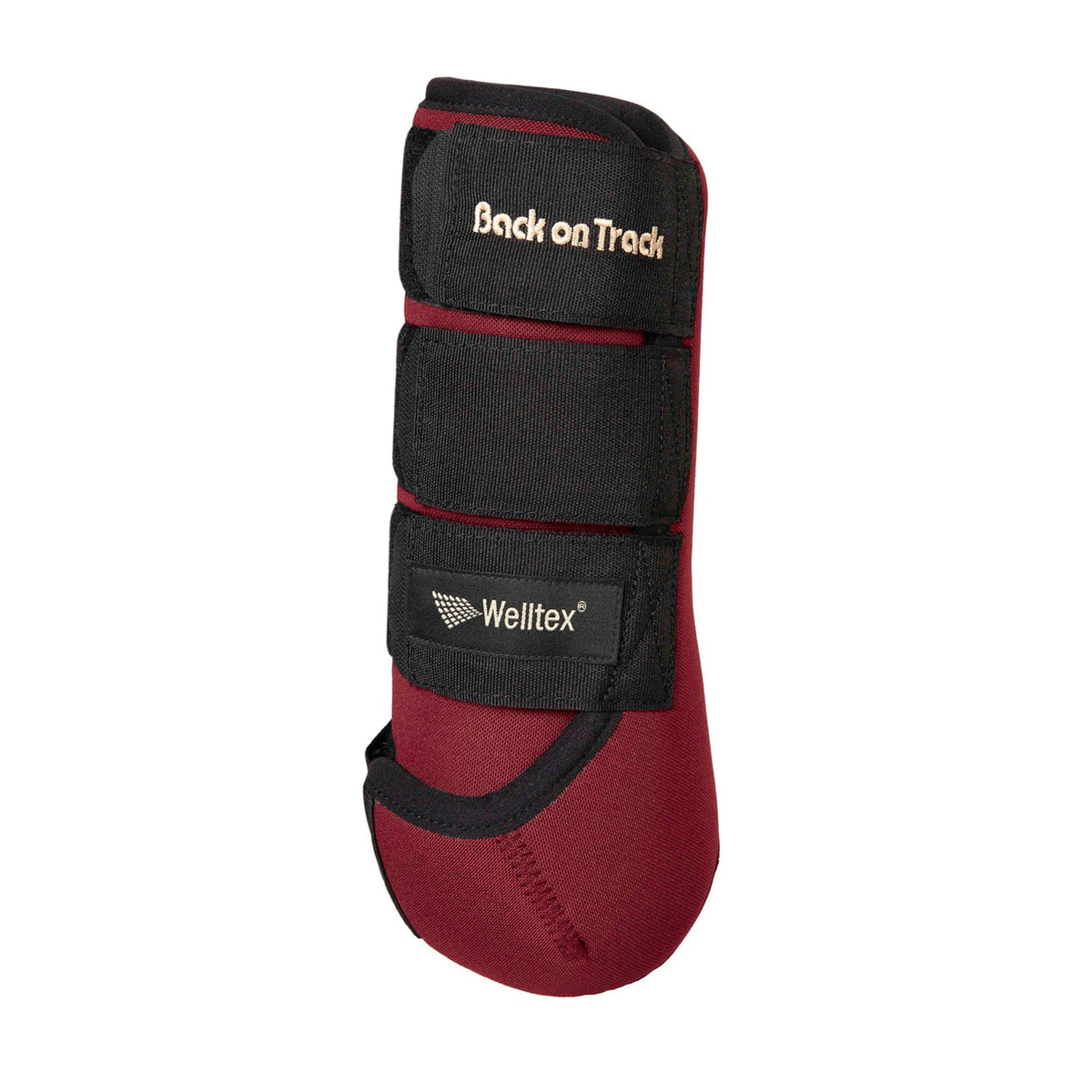 Deep red sport boots with black binding and straps.