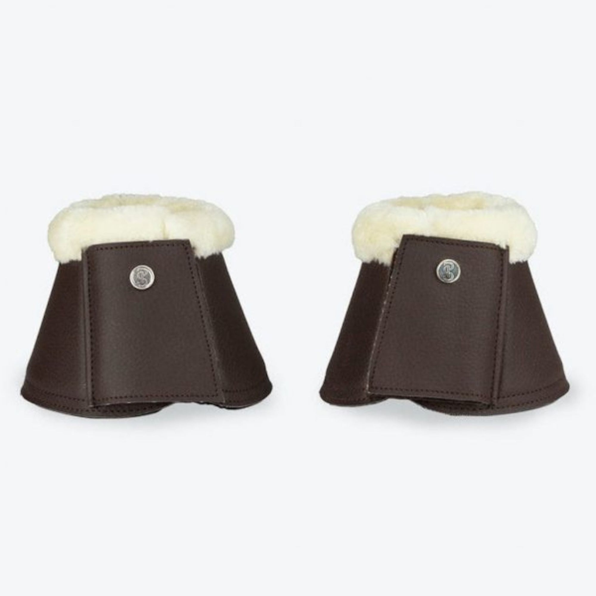 Deep Chocolate bell boots with fluffy top rims and a small PSOS silver badge on the straps
