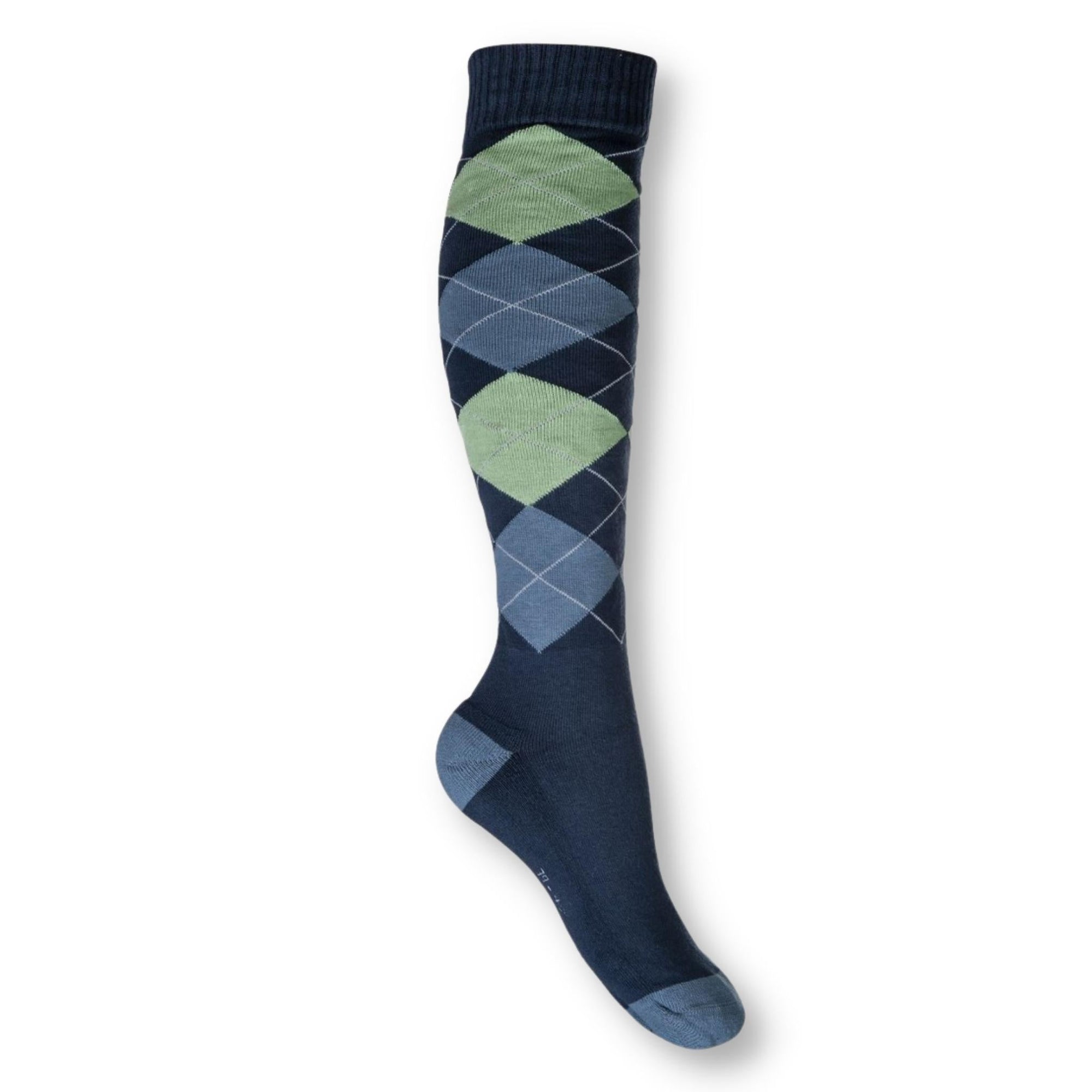 Navy, green and blue checked socks.