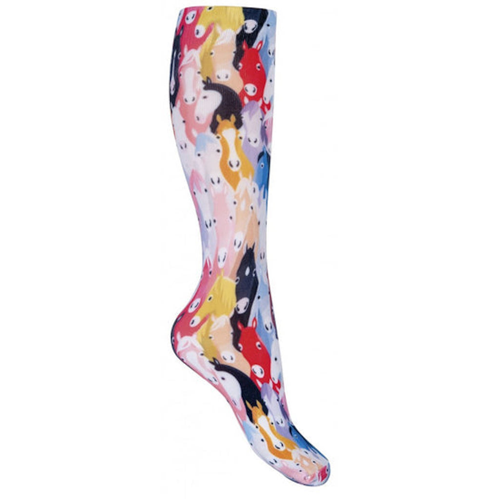 Side view of fun multicolour pony socks.