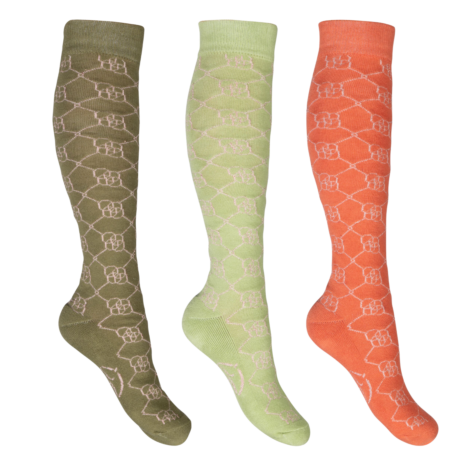 horse riding sox in olive, light green and orange with bit pattern