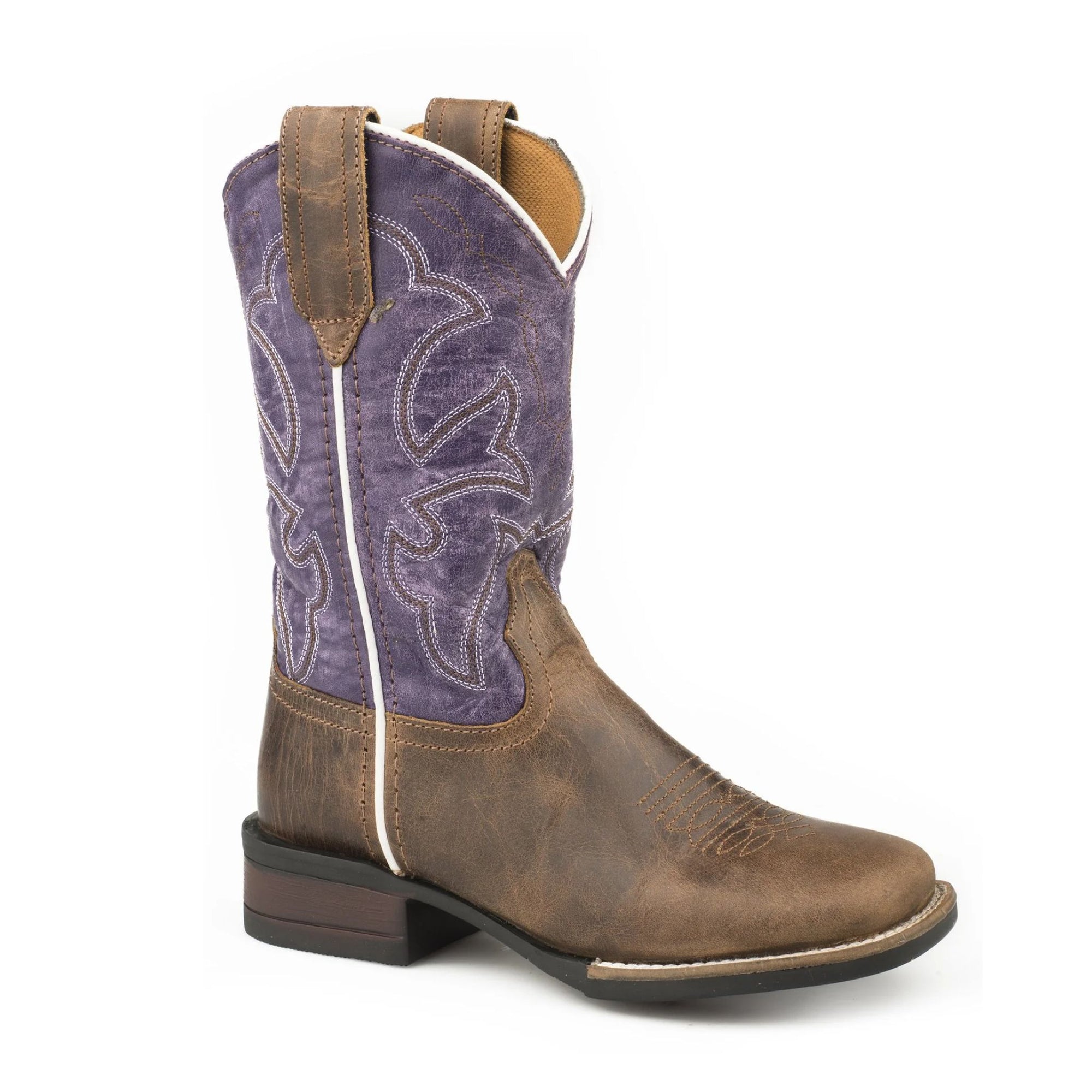 Purple and brown leather boot with purple and white embroidered detailing.