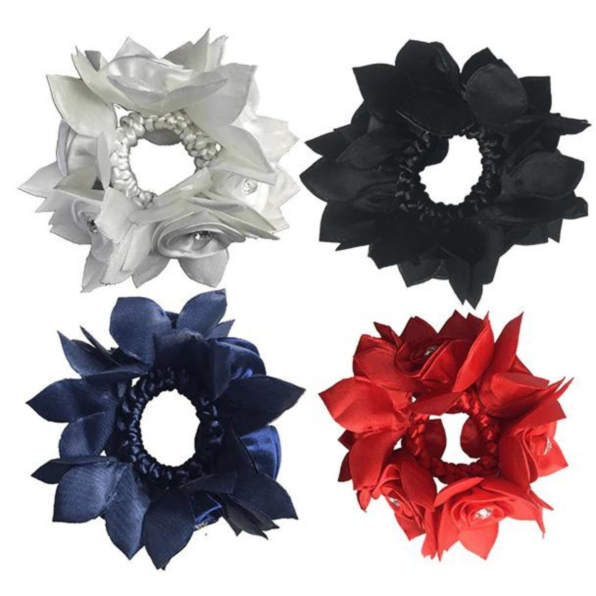 White, Black, Navy and Red flower scrunchies with diamantes