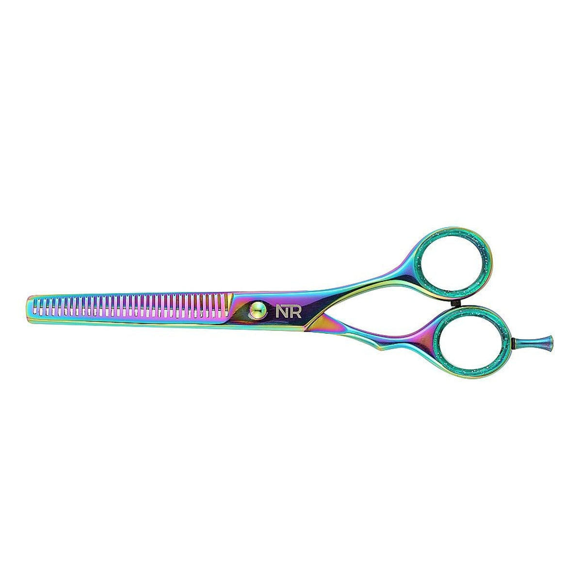 Rainbow holographic mane thinning scissors with shaped finger holds with silicone insides.