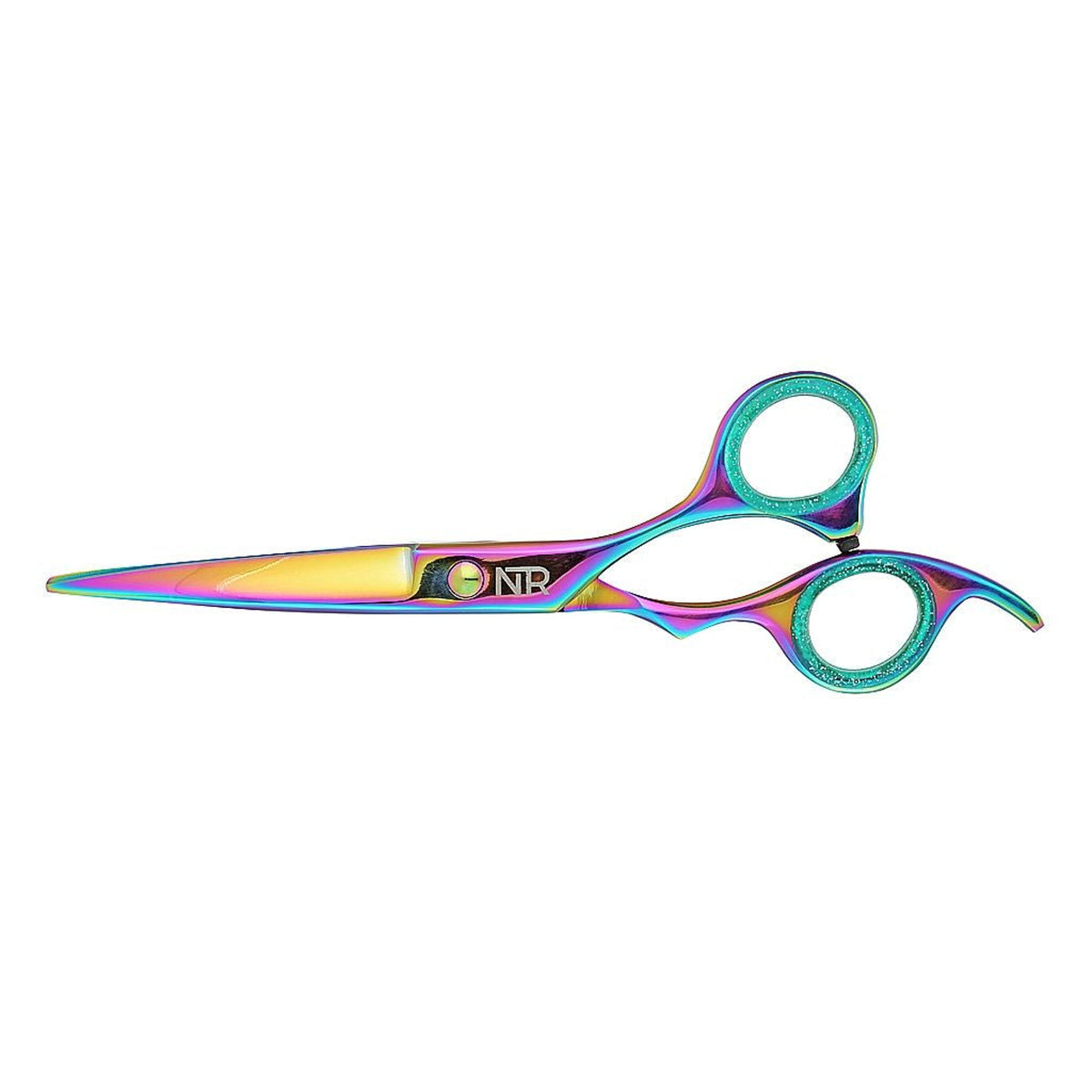 Rainbow holographic trimming scissors with silicone casing the finger holds.