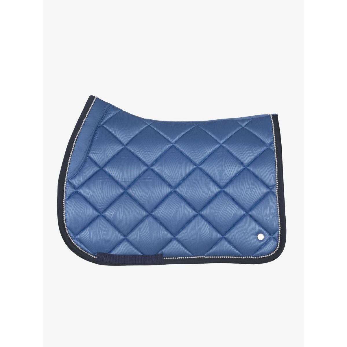 Blue saddle pad with subtle wave pattern and diamante border.