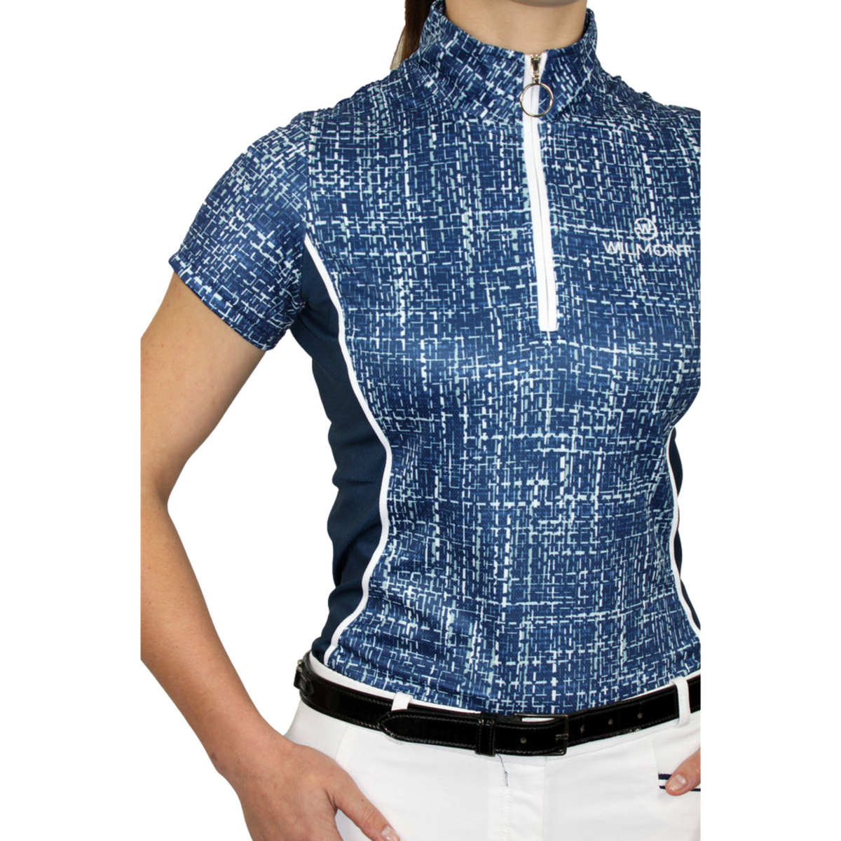 blue and white top with zip