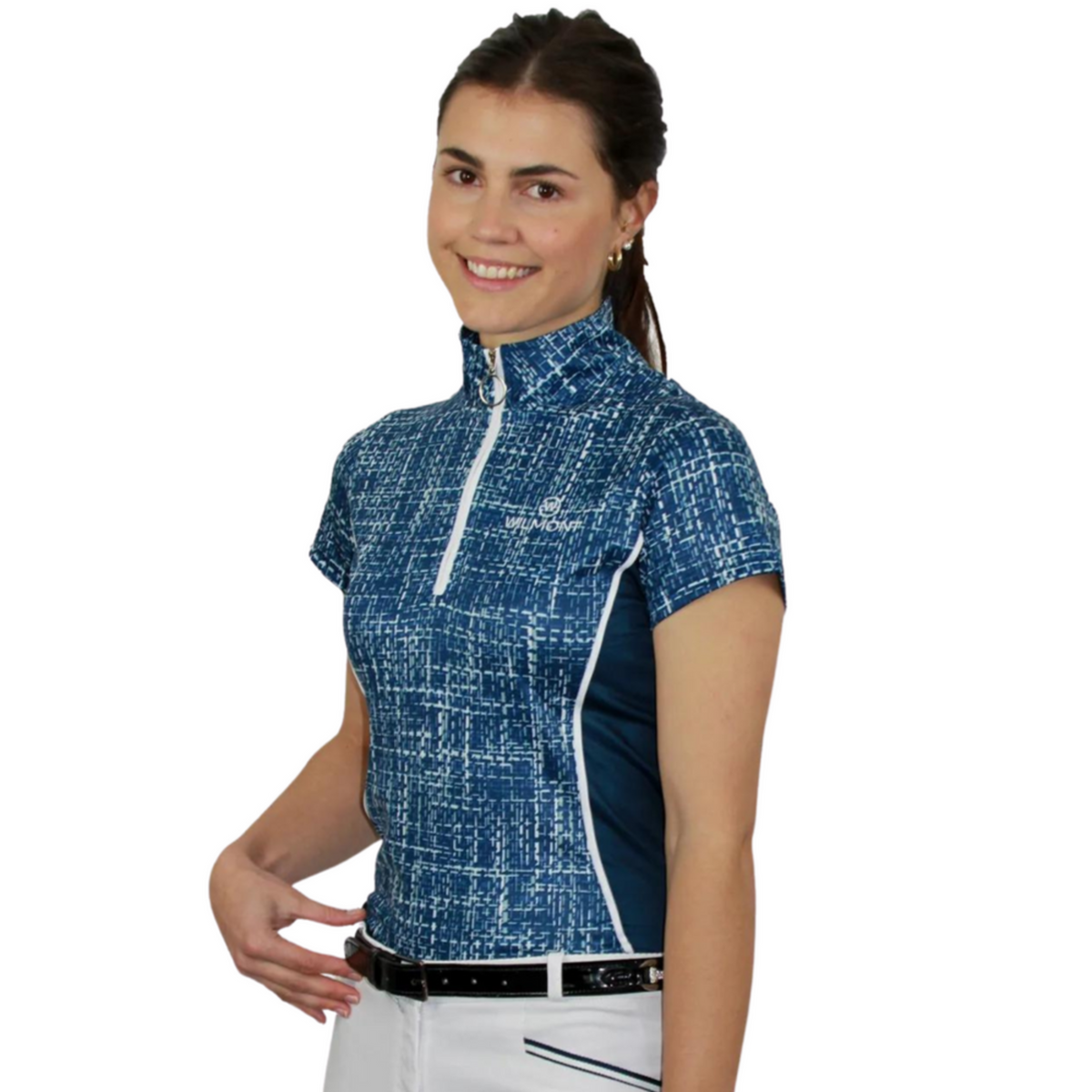 lady wearing blue and white short sleeve equestrian top