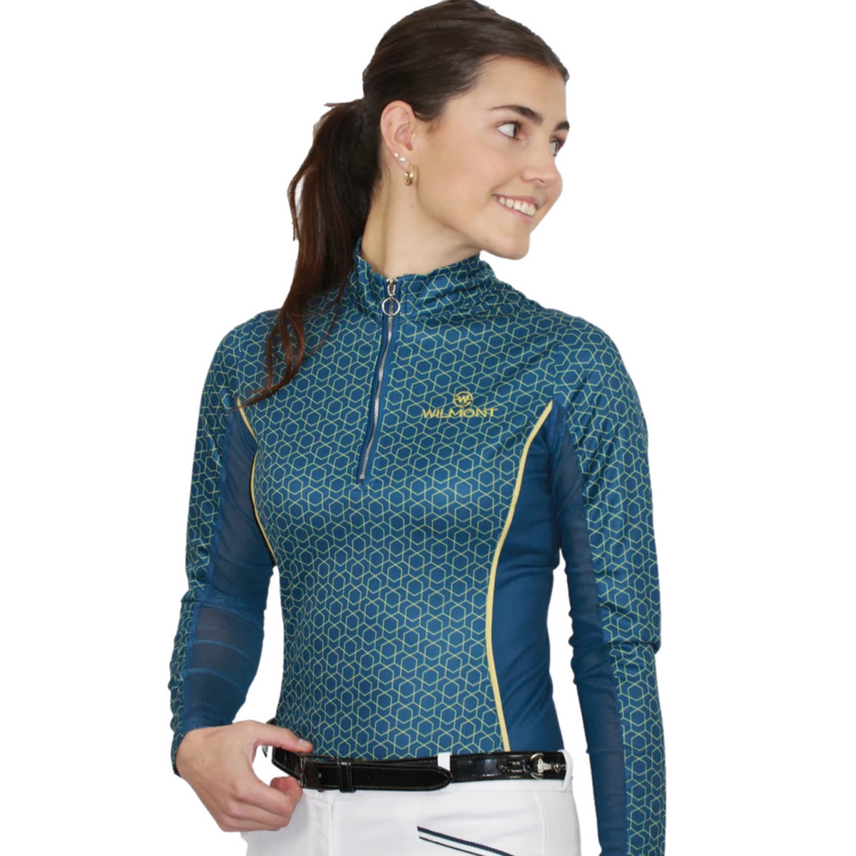 Blue half zip long sleeve with geometric patterns and gold logo.