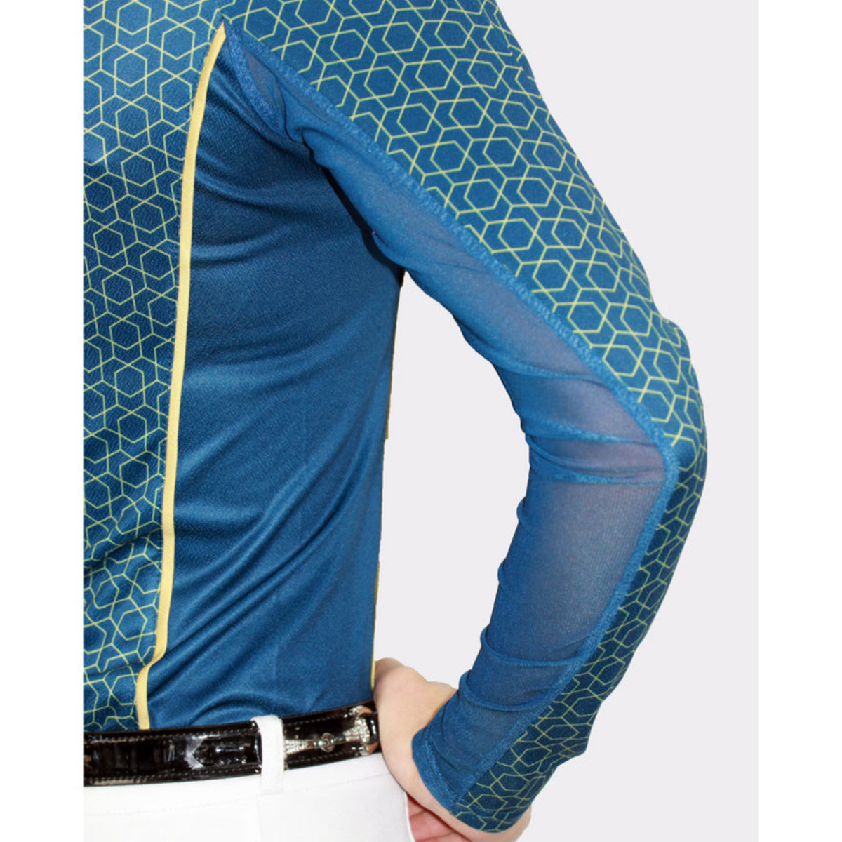 Blue geometric long sleeve with mesh panelling.
