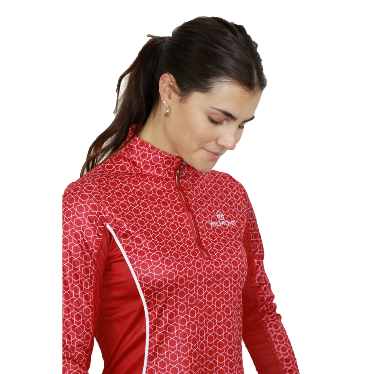 lady in red long sleeve top with white print