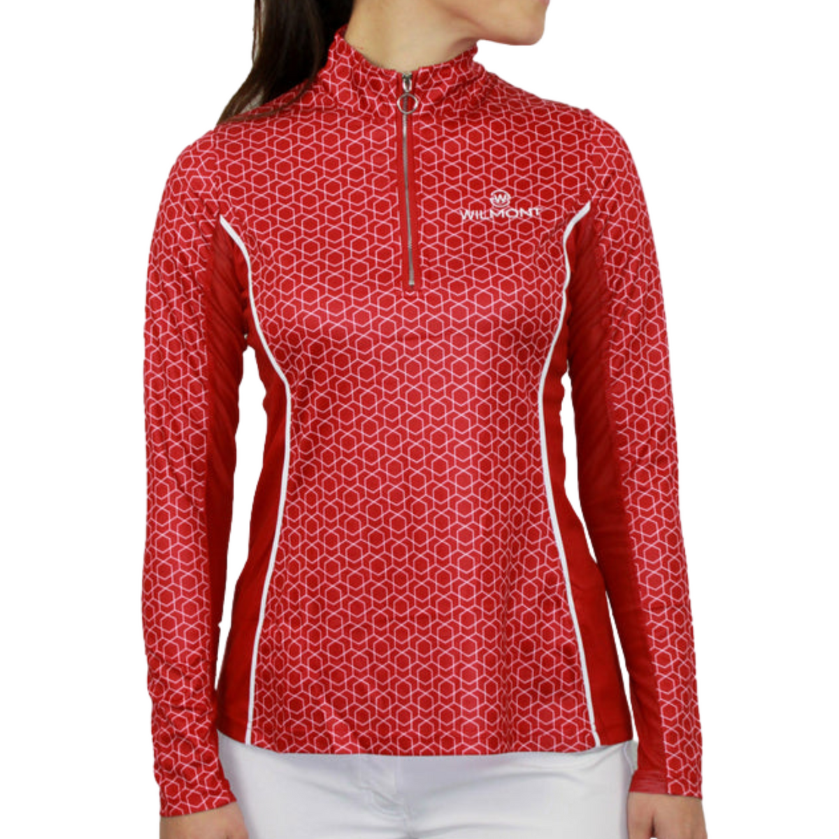 Red half zip long sleeve with geometric patterns and white logo.
