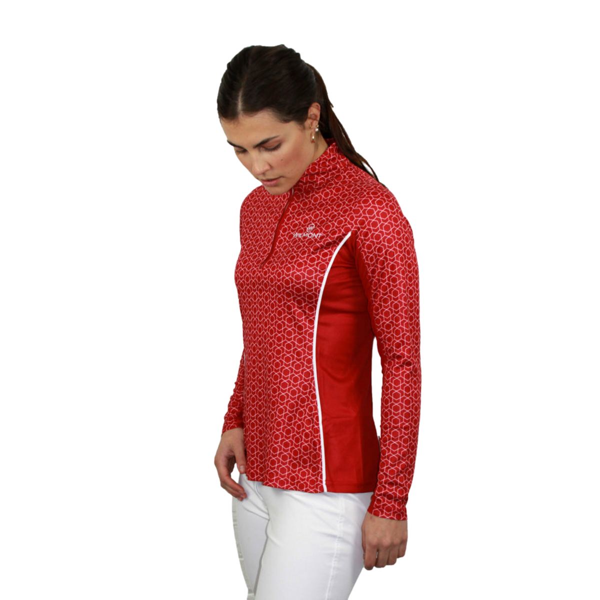 Lady modelling red long sleeve with geometric patterns.
